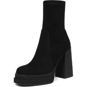 Women's Platform Ankle Boots Chunky High Heel Square Toe Stretch Short Gogo Combat Boots Booties for Women (not for wide calf)