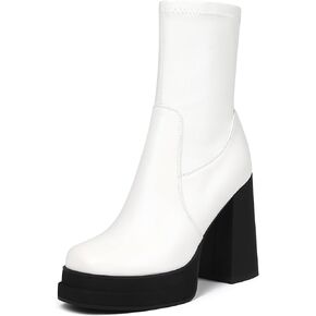 Women's Platform Ankle Boots Chunky High Heel Square Toe Stretch Short Gogo Combat Boots Booties for Women (not for wide calf)