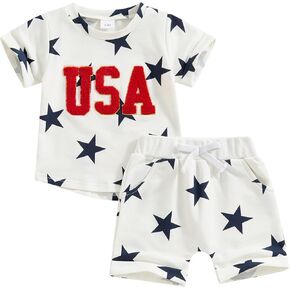 Baby Boy Girl 4th of July Outfit Toddler Fourth of July Clothes Infant USA Shirt and Stars Shorts Set