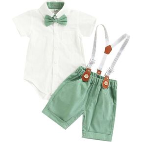 Karwuiio Toddler Baby Boys Formal Suit Set Short Sleeve Button Shirt + Suspender Shorts Pants Gentleman Outfit