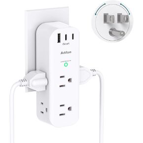 Surge Protector Wall Outlet Extender, Multi Plug Outlet with Rotating Plug, 6 AC Outlets 3 USB Ports (2 USB C), 1800J, 3-Side Power Strip Wall Mount, Outlet Splitter for College Dorm Travel Essentials