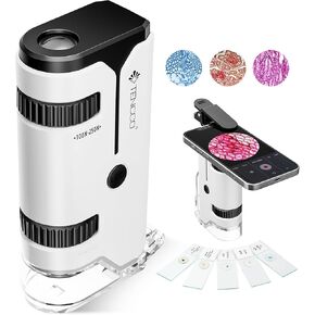 100x-250x Mini Pocket Microscope for Kids Adults, Protable Handheld Microscope with 5 Microscope Slides, Phone Adapter, Miniscope Portable Microscope Kit for Kids Adults Science Lab Education,White