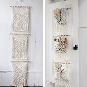 Sasa Macrame Over Door Organizer - 3-Tier Hanging Organizer with Canvas Pouch & Door Hook, Nursery Decor, Kid's Room, Playroom, Dorm, Storage for Stuffed Animals, Plushies, Blankets, Baby Essentials