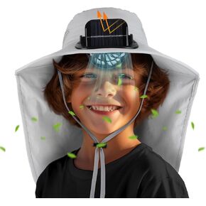 Kids Toddler Sun Hat with Solar Fan Wide Brim Sun Hat Adjustable Solar Fan Hat with Neck Flap UPF 50+ Bucket Hat for Boys Girls Swim Beach Outdoor, Light Gray, solar and USB powered