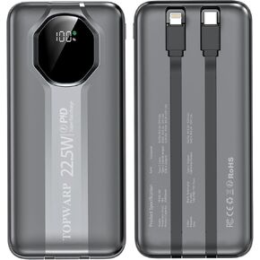 Power Bank 20000mha Portable Super PD 22.5W and QC3.0 Fast Charger with 4 Built-in Output Channels 2 Output Cables and LED Display for iPhone and Android Phones Most Electronic Devices Space Grey