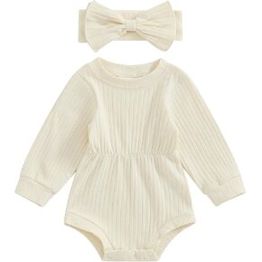 Newborn Baby Girl Clothes Solid Color Ribbed Romper Long Sleeve Onesie Jumpsuit Infant Girl Fall Winter Outfits