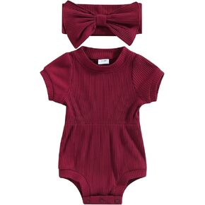 Newborn Baby Girl Clothes Summer Short Sleeve Jumpsuit Romper with Bow Headband Knit Ribbed Outfits