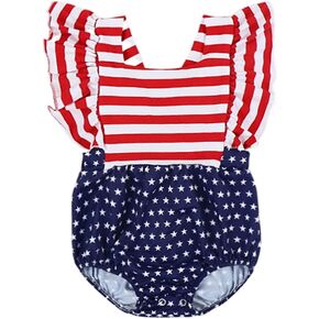 4th of July Baby Girl Outfits Stars Stripe Print Rompers Ruffled Bodysuit USA Flag Clothes