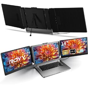 Laptop Screen Extender Triple Monitor - 14" Portable Monitor FHD 1080P Tri-screen Attachment Extended for Laptop Extra Screen Compatible with Windows Mac Dex Chrome Travel Work Fits 13-17" Laptops