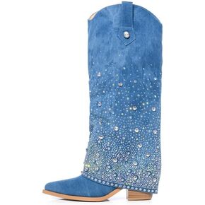 Women's Sparkly Rhinestone Cowboy Western Denim Boots Knee High Pointed Toe Pull-On Jean Boots