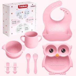 Silicone Baby Feeding Set, 8 Pcs Baby Led Weaning Supplies, Baby Feeding Essentials for 6+ Months, Toddler Weaning Set with Bib, Baby Plate and Bowl with suction(Pink-ToiyBosm Design)