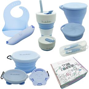 Baby Feeding Set - Collapsible Feeding Supplies for Travel - Food Grade Silicone Suction Baby Bowl, Baby Plate, Baby Bib, Baby Spoons First Stage - Cute Baby Eating Supplies Toddler Gift