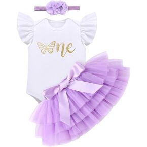 IMEKIS Baby Girl 1st Birthday Outfit Strawberry Butterfly One Romper Ruffle Tutu Skirt Headband Cake Smash Photo Shoot
