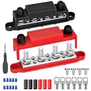 Power Distribution Block 12V 250A Bus Bar 4 x 3/8" Stud Marine, 6 x #8 Screws Terminals Block (Pair - Red & Black)