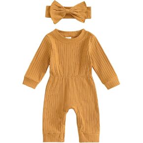 Winioder Newborn Baby Girl Fall Clothes Ribbed Long Sleeve Romper Jumpsuit with Headband Infant 2Pcs Coming Home Outfit