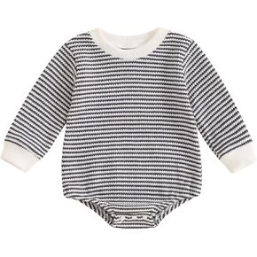 Newborn Baby Boy Girl Long Sleeve Romper Waffle Striped Bubble Oversized Sweatshirt Bodysuit Infant Fall Outfits