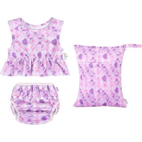 ALVABABY Baby Reusable Swim Diaper with Matching Top,Girl Swimsuit with Waterproof Wet Dry Bag,Sleeveless Tankini Swimwear