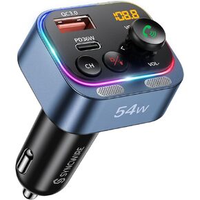 Syncwire Bluetooth 5.4 FM Transmitter Car Adapter 54W (PD 36W & 18W) [Fast Charging] [Stronger Dual Mics] [Light Switch] [HiFi Deep Bass] Wireless Radio Receiver Hands-Free Calling LED Display, Blue