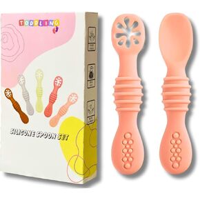Silicone Baby Spoon Set, Infant Spoon 3-12 Months, Self-feeding Spoon, Dishwasher and Microwave Safe, First Stage Baby Led Weaning Spoon, Set of 2 (Spoon & Pre-spoon) (Blush)