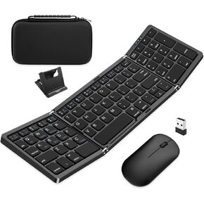 Foldable Keyboard and Mouse, EDJO Wireless Keyboard Mouse Combo with Portable Case, Rechargeable 2.4G+Bluetooth Multi-Device Keyboard Mouse for Windows, iOS, Android, MacOS PC/Laptop/Tablet