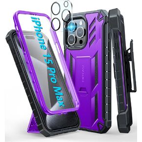 FNTCASE for iPhone 15-Pro-Max Phone Case : with Belt-Clip Holster & Kickstand - Heavy Duty Military Grade Protection Cover Shockproof TPU Shell Durable Full Protective Phonecase - 6.7 inch Black