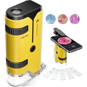 100x-250x Mini Pocket Microscope for Kids Adults, Protable Handheld Microscope with 5 Microscope Slides, Phone Adapter, Miniscope Portable Microscope Kit for Kids Adults Science Lab Education, Yellow
