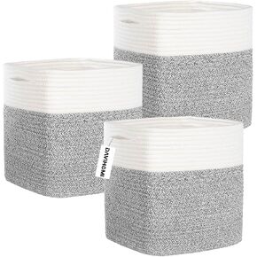 Cube Storage Bins 11 Inch Cotton Rope Woven Storage Basket for Organizing 3 Pack | Storage Cubes for Organization and Storage | Square Cube Organizer | Closet Toy Bin-Black/Jute