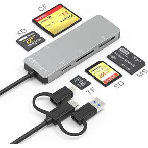 Memory Stick pro Duo Adapter for iPhone, 6 in 1 SD/TF/M2/MS/CF/XD Picture Card Reader for Computer, Multi Card Reader with Lightning+USB A+USB C, 5Gbps CF Card Reader Adapter, Multi SD Card Reader