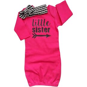 Newborn Baby Girl Take Home Outfit Baby Girl Gift Set Baby Gown Little Sister Sleepers with Headband, 0-6Months