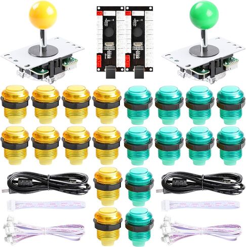 Qenker 2 Player LED Arcade DIY Parts 2X USB Encoder + 2X Joystick + 20x LED Arcade Buttons for PC, MAME, Raspberry Pi, Windows (Yellow & Green Kit) in Saudi Arabia