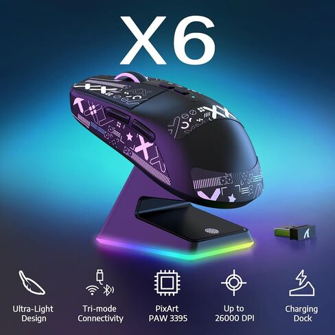 ATTACK SHARK X6 49g Superlight Wireless Gaming Mouse with Magnetic RGB Charging Dock, Ultralight Mice PixArt PAW3395 Sensor, 26000DPI, BT/2.4G/Wired Mouse, Griptape, 200Hrs Battery for Win/Mac in Saudi Arabia
