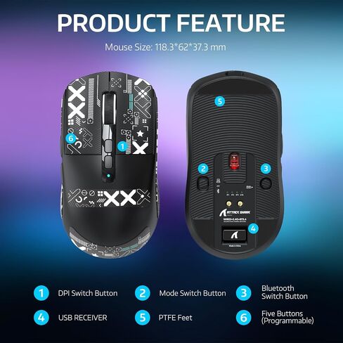 ATTACK SHARK X6 49g Superlight Wireless Gaming Mouse with Magnetic RGB Charging Dock, Ultralight Mice PixArt PAW3395 Sensor, 26000DPI, BT/2.4G/Wired Mouse, Griptape, 200Hrs Battery for Win/Mac in Saudi Arabia