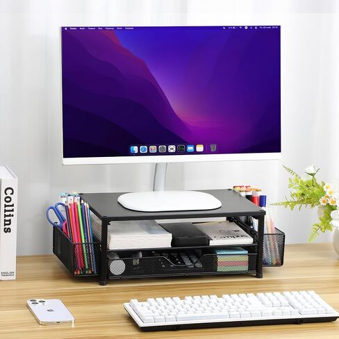 2-Tier Computer Monitor Stand with Drawer and 2 Pen Holders, Desk Organizers and Accessories for Office Supplies Decor, Computer Monitor Desk Accessories Workspace Desktop Organizer, Black in Saudi Arabia