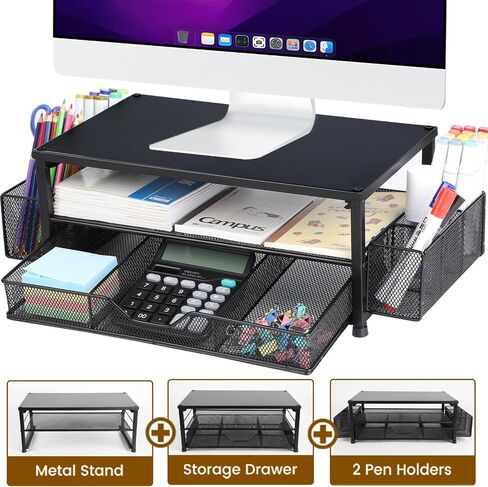 2-Tier Computer Monitor Stand with Drawer and 2 Pen Holders, Desk Organizers and Accessories for Office Supplies Decor, Computer Monitor Desk Accessories Workspace Desktop Organizer, Black in Saudi Arabia