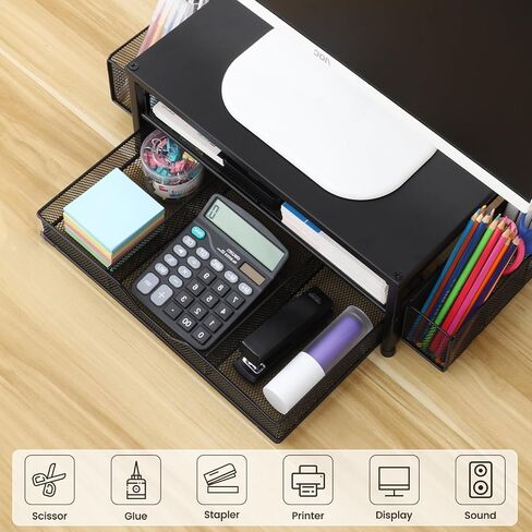 2-Tier Computer Monitor Stand with Drawer and 2 Pen Holders, Desk Organizers and Accessories for Office Supplies Decor, Computer Monitor Desk Accessories Workspace Desktop Organizer, Black in Saudi Arabia