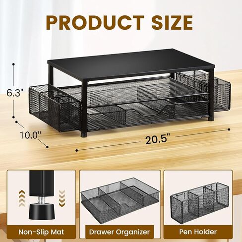 2-Tier Computer Monitor Stand with Drawer and 2 Pen Holders, Desk Organizers and Accessories for Office Supplies Decor, Computer Monitor Desk Accessories Workspace Desktop Organizer, Black in Saudi Arabia