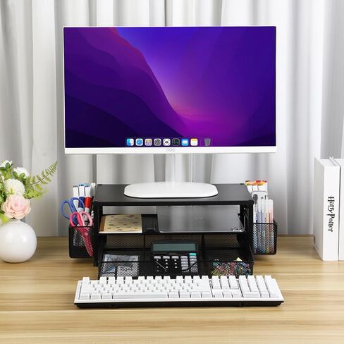 2-Tier Computer Monitor Stand with Drawer and 2 Pen Holders, Desk Organizers and Accessories for Office Supplies Decor, Computer Monitor Desk Accessories Workspace Desktop Organizer, Black in Saudi Arabia
