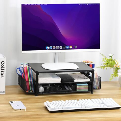 2-Tier Computer Monitor Stand with Drawer and 2 Pen Holders, Desk Organizers and Accessories for Office Supplies Decor, Computer Monitor Desk Accessories Workspace Desktop Organizer, Black in Saudi Arabia
