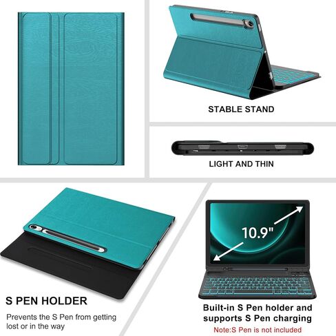Galaxy Tab S9 FE 5G Case with Keyboard, Detachable Wireless Bluetooth Keyboard, Smart Folio Cover with S Pen Holder for Samsung Galaxy Tab S9 FE 10.9"/S9 11 inch, 7 Color Backlit, Auto Sleep/Wake in Saudi Arabia