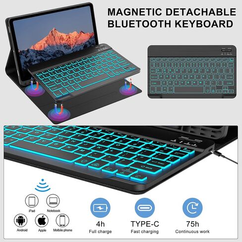 Galaxy Tab S9 FE 5G Case with Keyboard, Detachable Wireless Bluetooth Keyboard, Smart Folio Cover with S Pen Holder for Samsung Galaxy Tab S9 FE 10.9"/S9 11 inch, 7 Color Backlit, Auto Sleep/Wake in Saudi Arabia
