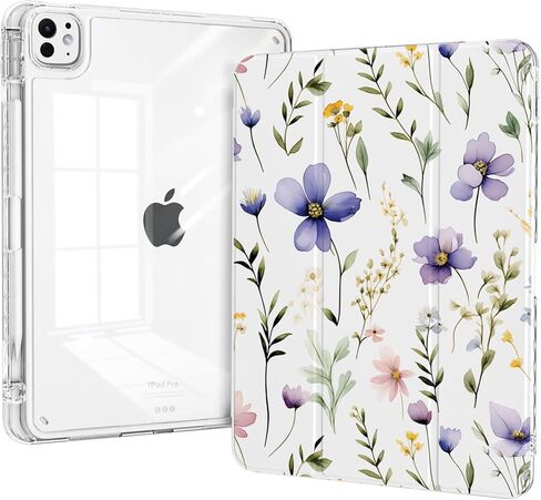Case for Ipad Pro 11 inch M4 (2024, 5th Generation) with Pencil Holder, Trifold Stand, Transparent Clear Back Cover Protector, Slim Shockproof Hybrid Case, Auto Wake/Sleep, Purple Flower in Saudi Arabia