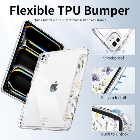 Case for Ipad Pro 11 inch M4 (2024, 5th Generation) with Pencil Holder, Trifold Stand, Transparent Clear Back Cover Protector, Slim Shockproof Hybrid Case, Auto Wake/Sleep, Purple Flower in Saudi Arabia