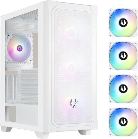 BitFenix Flow Mesh 4 ARGB Fans, High Airflow PC Gaming Case White, GPU Support 355mm, 240 Top/360 Front AIO Support, 4+4 Controller (LED/PWM System) Temper Glass Aura SYNC/Mystic Light/RGB Fusion 2.0 in Saudi Arabia