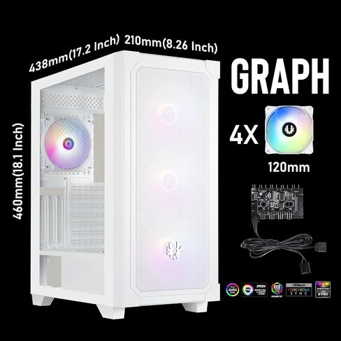 BitFenix Flow Mesh 4 ARGB Fans, High Airflow PC Gaming Case White, GPU Support 355mm, 240 Top/360 Front AIO Support, 4+4 Controller (LED/PWM System) Temper Glass Aura SYNC/Mystic Light/RGB Fusion 2.0 in Saudi Arabia