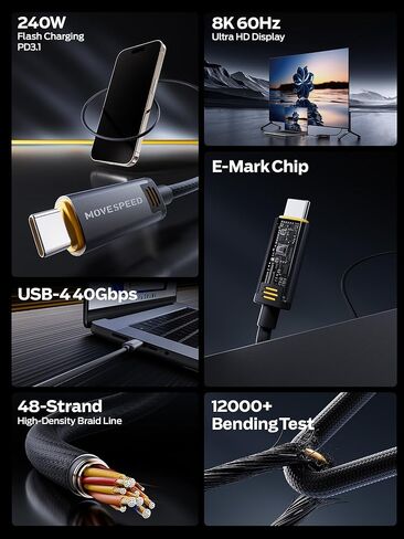 سرعة الحركة لكابل Thunderbolt 4 يدعم نقل البيانات بسرعة 40 جيجابت في الثانية، وشاشة 8K HD، وشحن 240 واط، وكابل USB C إلى USB C، لسلسلة iPhone 15، والكمبيوتر المحمول من النوع C، والإرساء وما إلى ذلك. (3.3 قدم) in Kuwait