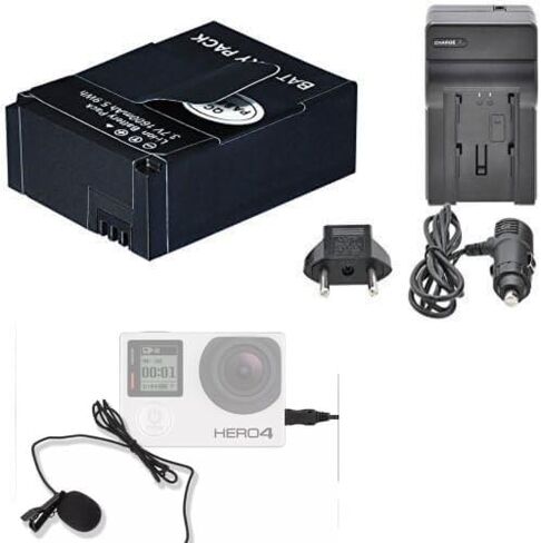 Hero 3 Battery Charger Kit with Lavalier Microphone – High Capacity Replacement Batteries, Battery Charger & Clip-on Mic for Go Pro Hero3/3+ for Vlogging, Sports, and Adventure in Saudi Arabia