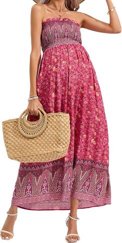 Women's Summer Casual Maternity Boho Smocked Strapless Flowy Maxi Dress in Saudi Arabia