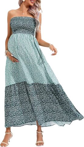 Women's Summer Casual Maternity Boho Smocked Strapless Flowy Maxi Dress in Saudi Arabia