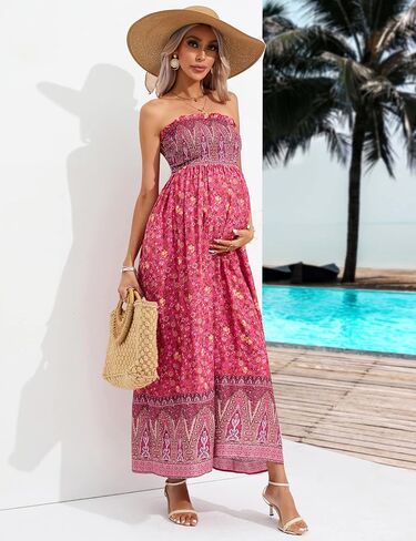Women's Summer Casual Maternity Boho Smocked Strapless Flowy Maxi Dress in Saudi Arabia