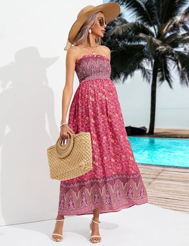 Women's Summer Casual Maternity Boho Smocked Strapless Flowy Maxi Dress in Saudi Arabia